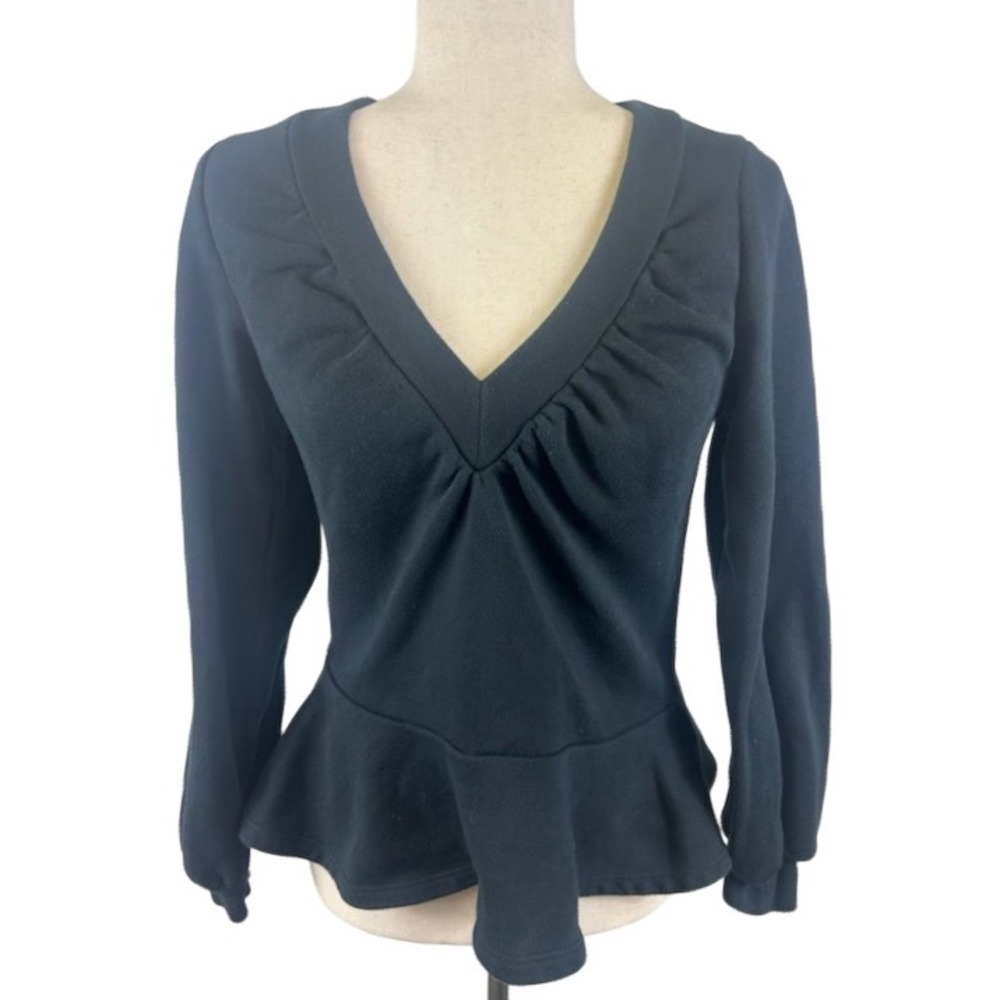 Maeve Anthropologie Peplum Top V Neck Long Sleeve Black Blouse Size‎ Small